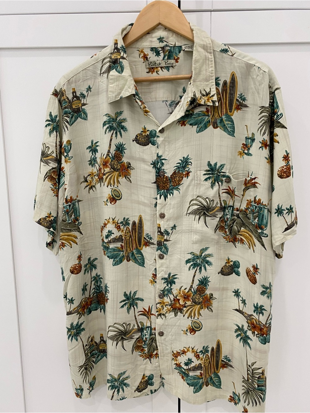 Batck Bay Casual Beige Tropical Old HawaiianPrint Short-Sleeve Button-Down Shirt